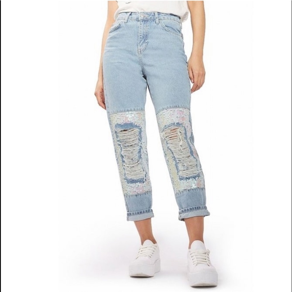 Topshop Sequin Ripped Mom Jeans Size 25